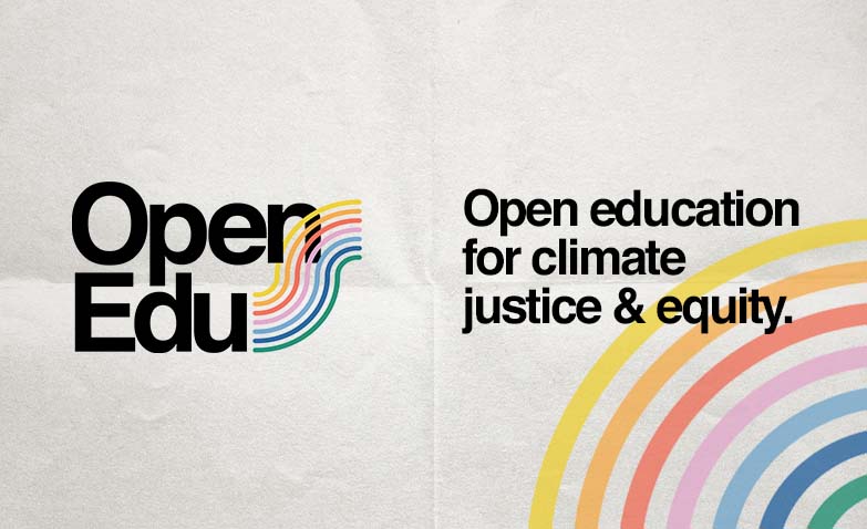 An image of a wrinkled piece of paper with the Open Edu logo with an S made of rainbow stripes. There are is also a series of rainbow stripes in the corner. There is text that slightly overlaps the rainbow that reads Open education for climate justice & equity.