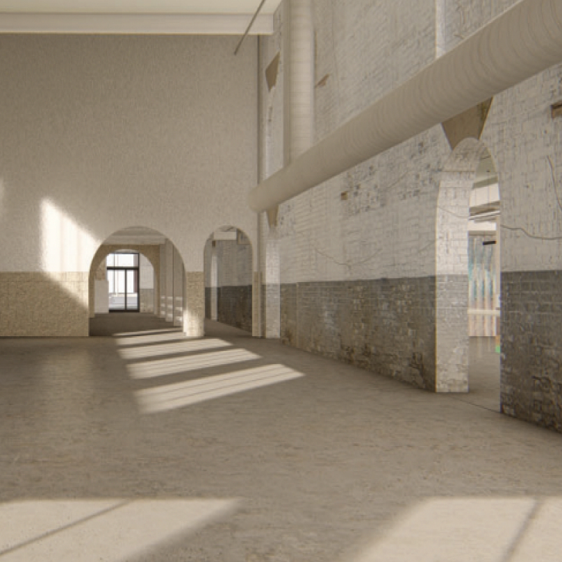 A rendering of a beautiful, light-filled room with exposed brick, arched doorways and high ceilings.