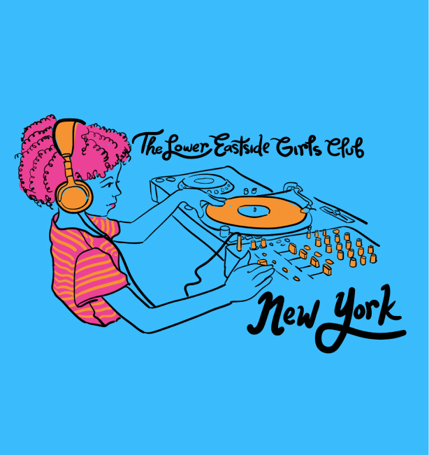 An illustration of a young girl with curly pink hair wearing orange headphones DJ'ing a musical set. The background is a bright blue.