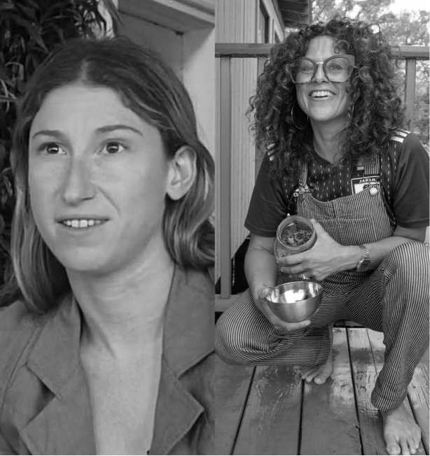 One the left - Marni Majorelle, a smiling white woman with long blonde hair, wearing a casual suit jacket. On the right - jackie sumel, a tan woman with curly shoulder-length hair. She is wearing a big smile, short-sleeve shirt and denim overalls.