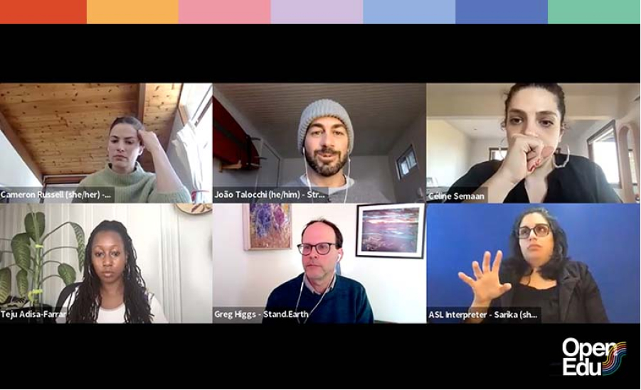 An screenshot of an Open Edu class featuring a number of panelists and our ASL interpreter. A rainbow colored bar sits at the top of the image.